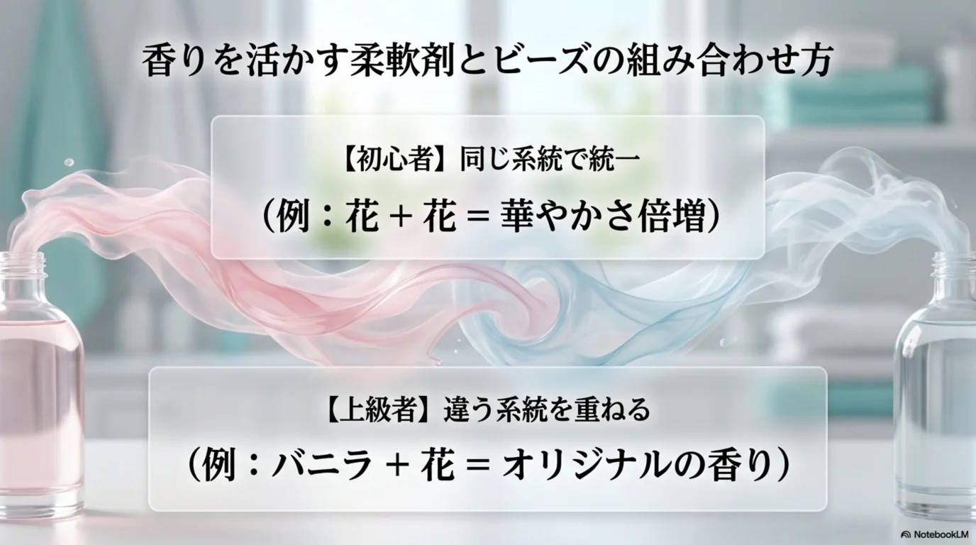 同じ香り系統で統一する初心者向けの組み合わせと、違う系統を重ねる上級者向けの組み合わせを示した図