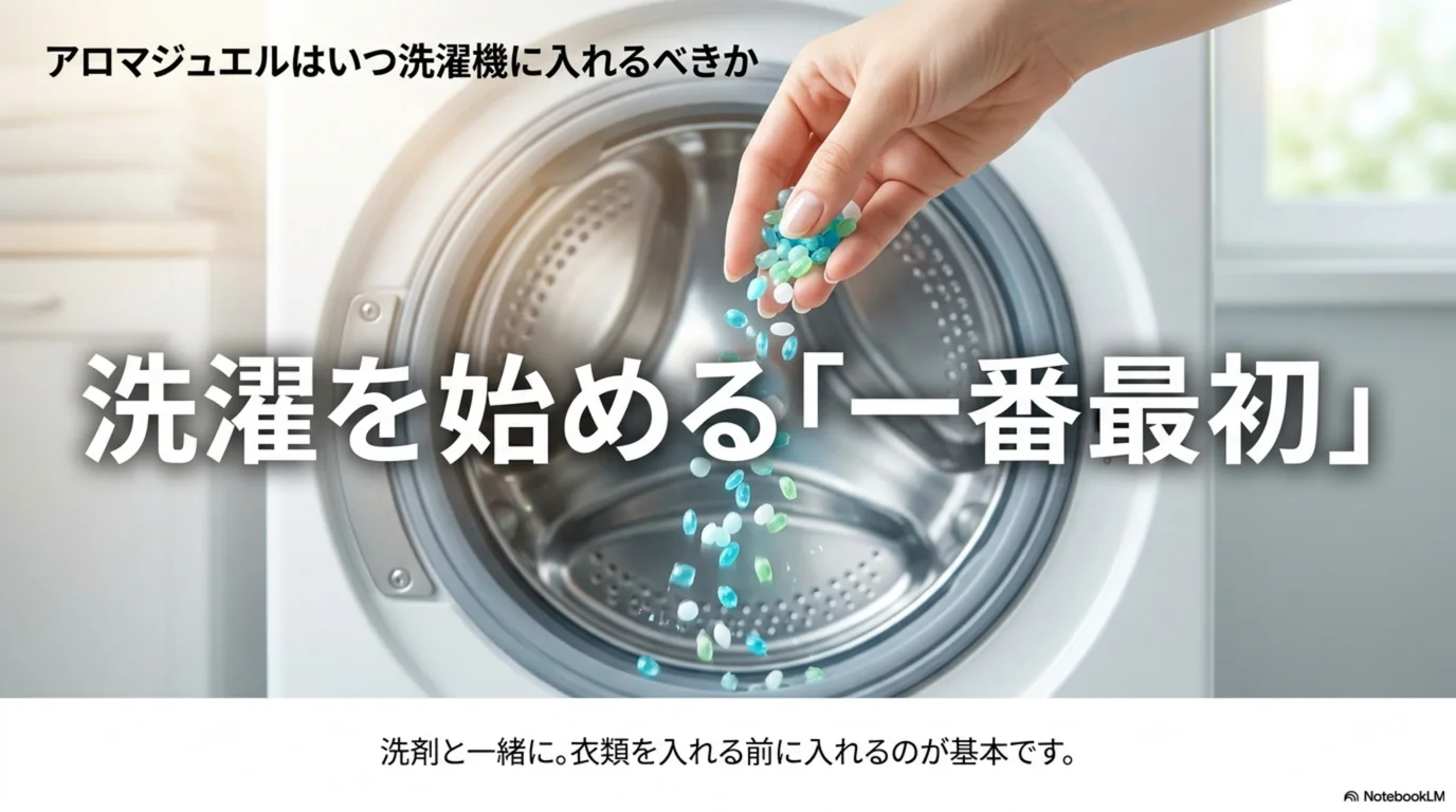 洗濯ビーズは洗濯を始める一番最初に、洗剤と一緒に洗濯槽へ入れるのが基本であることを示した図