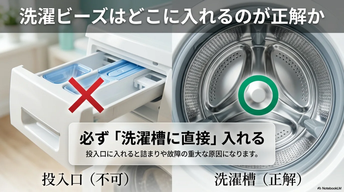 柔軟剤の投入口ではなく洗濯槽に直接入れるのが正解であることを、投入口は不可・洗濯槽は正解として比べた図