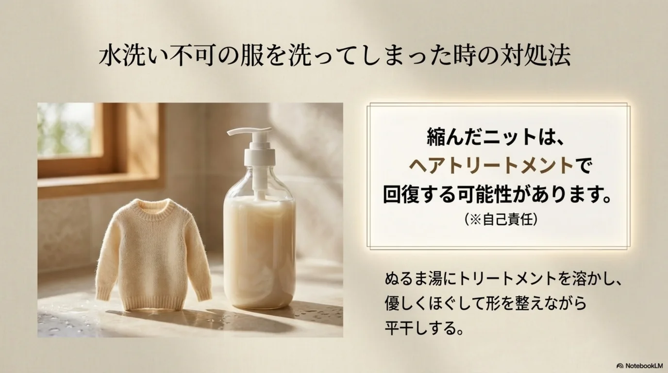 水洗い不可の服を洗ってしまった時の対処の手順を示した図