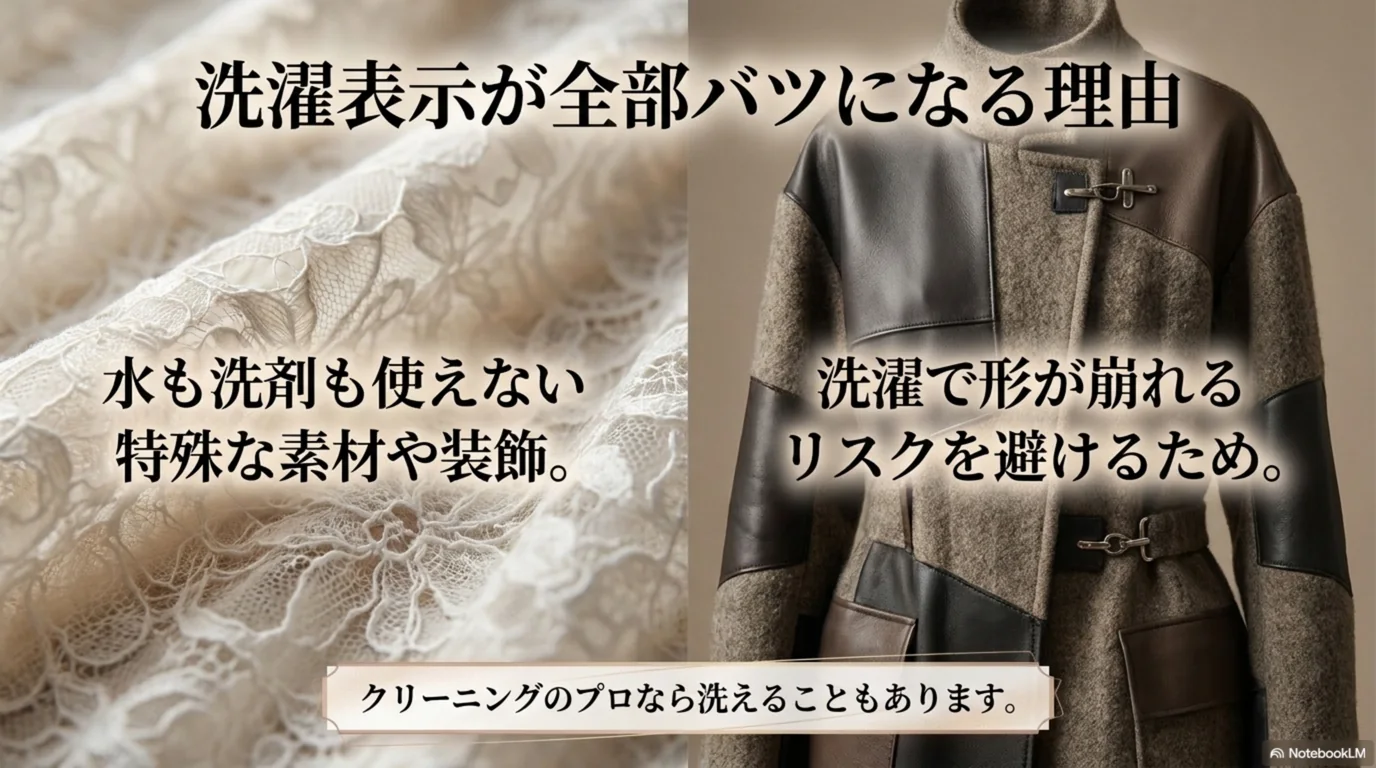 洗濯表示のマークがすべてバツになっている服の理由を示した図