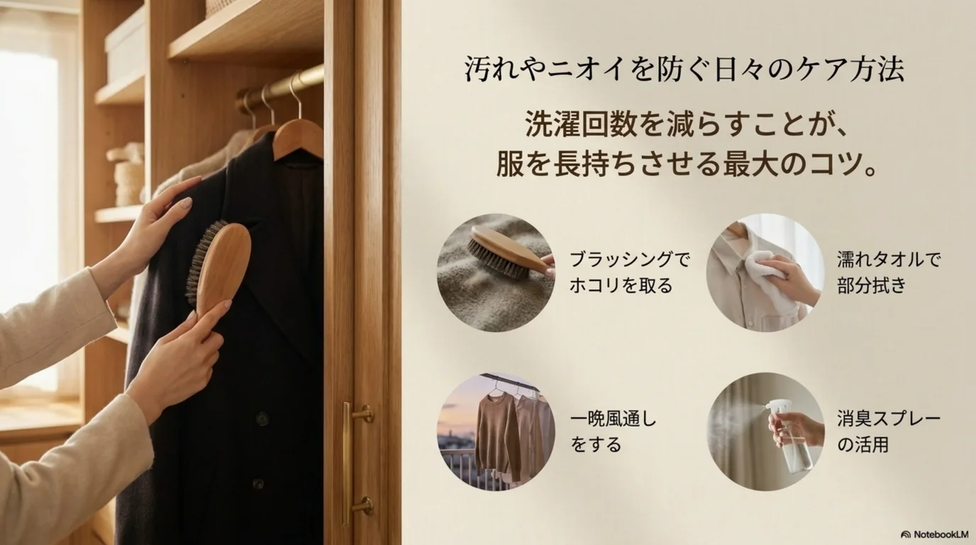 汚れやニオイを防ぐ日々のケアの方法を示した図
