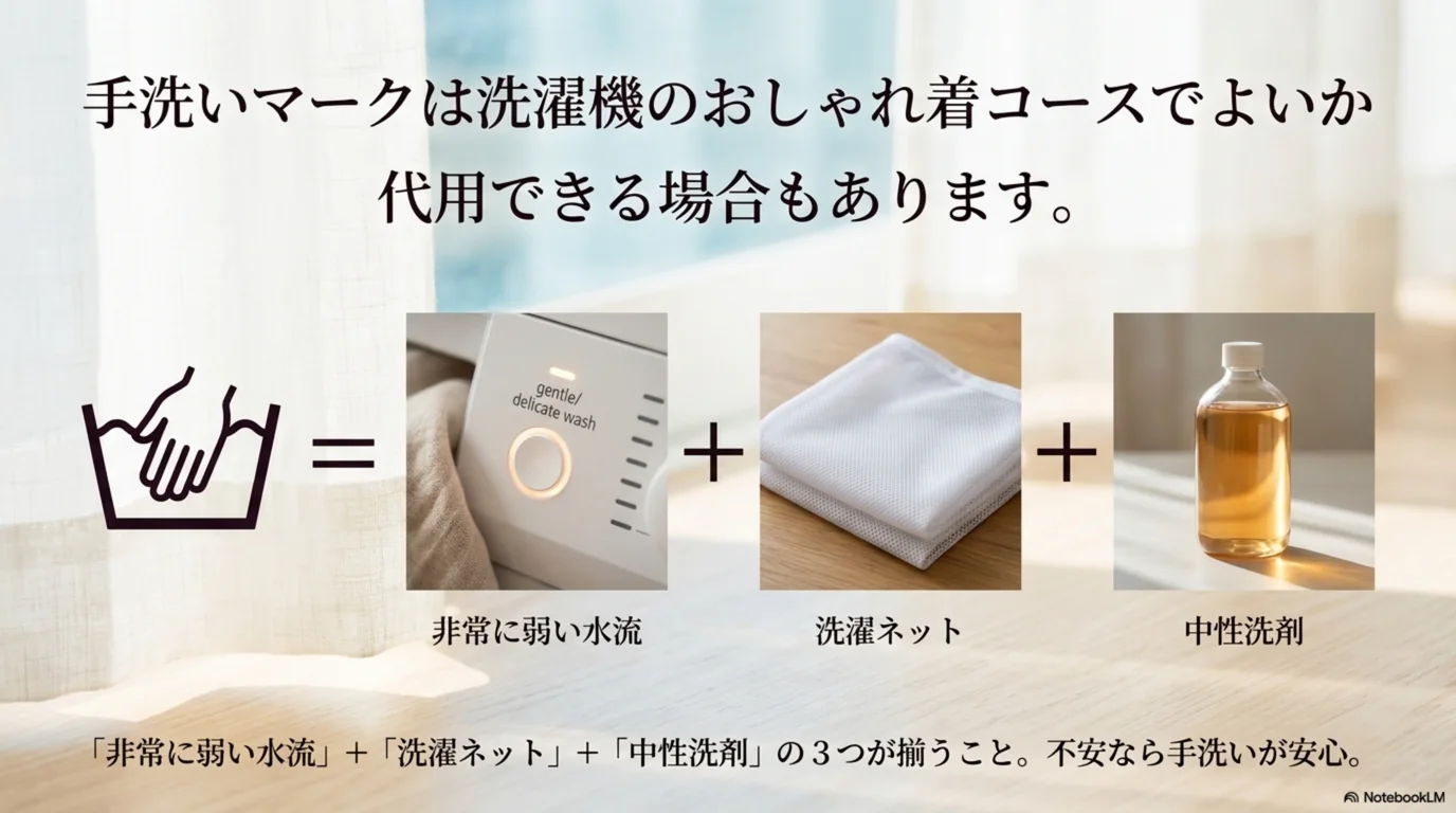 手洗いマークの服を洗濯機のおしゃれ着コースで洗えるかを示した図