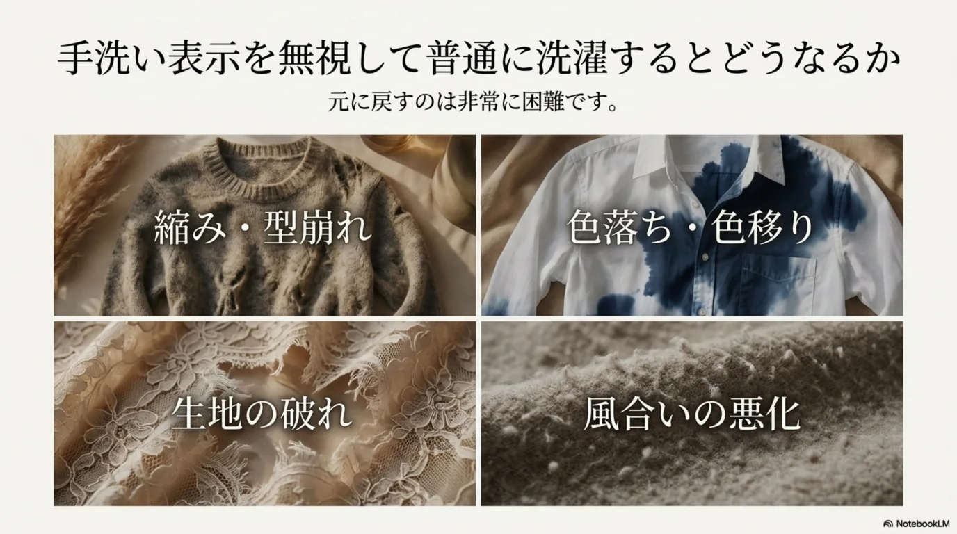 手洗い表示を無視して通常コースで洗った場合に起きる縮みや型崩れを示した図