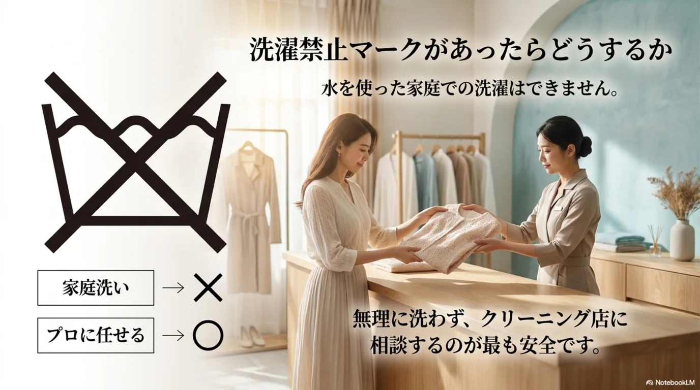 桶にバツが付いた洗濯禁止マークの服をどう扱うかを示した図