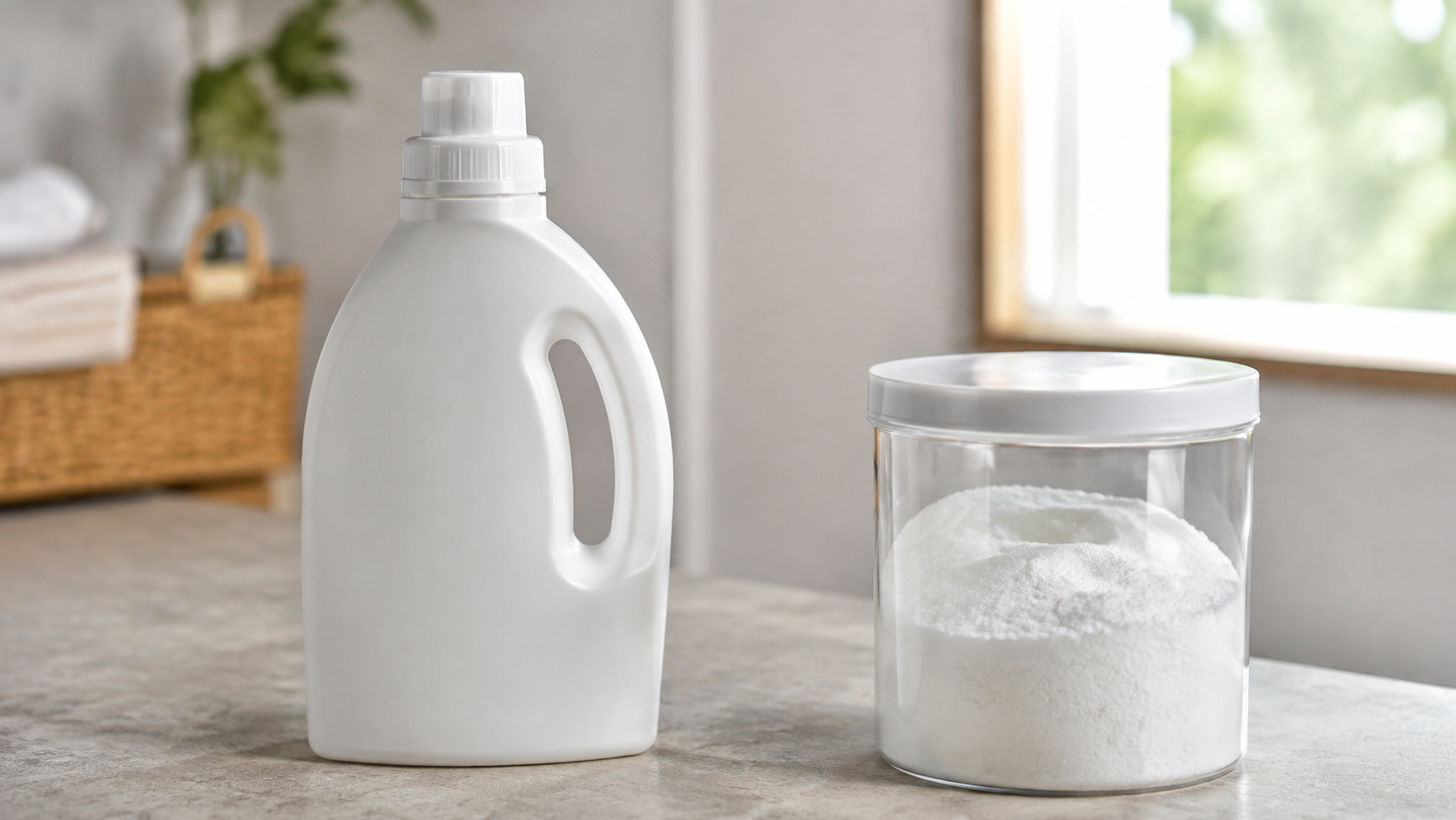液体洗剤のボトルと密閉した粉末の容器