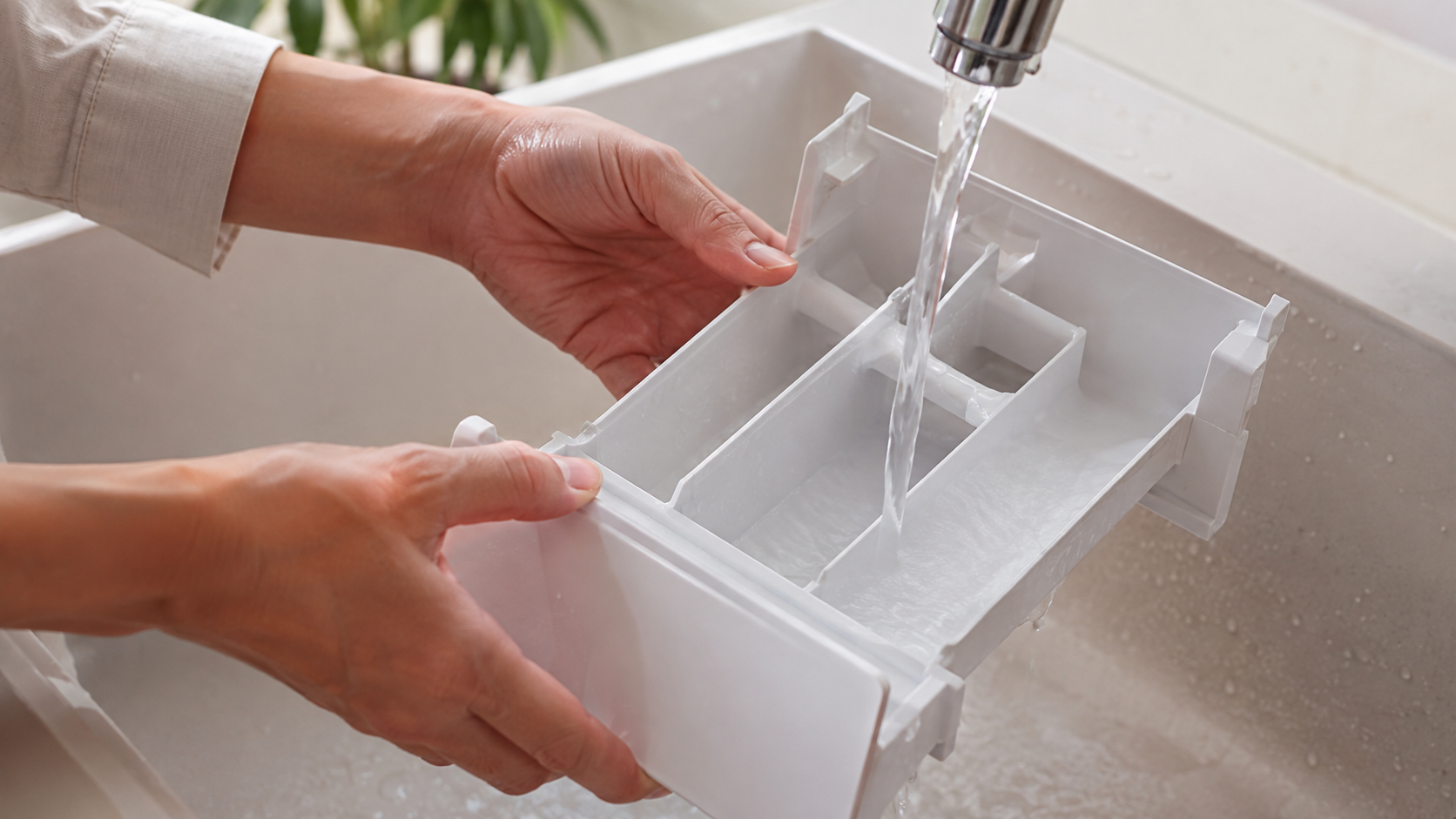 取り外した洗剤ケースを水道水で洗う手元