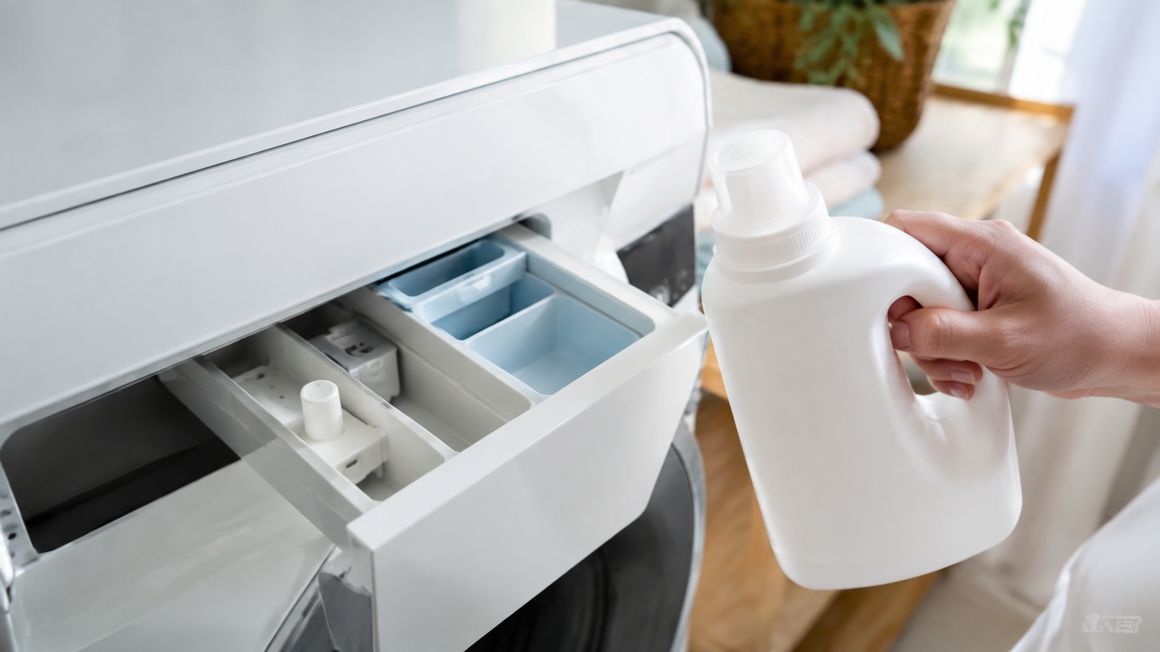 洗濯機の開いた洗剤ケースと、その横で持った白いボトル